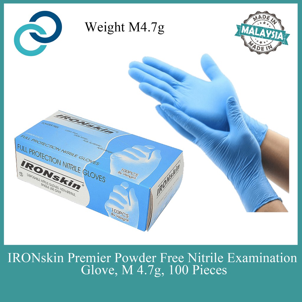 IRONskin Premier Powder Free Nitrile Medical Exam Gloves Blue (M 4.7g