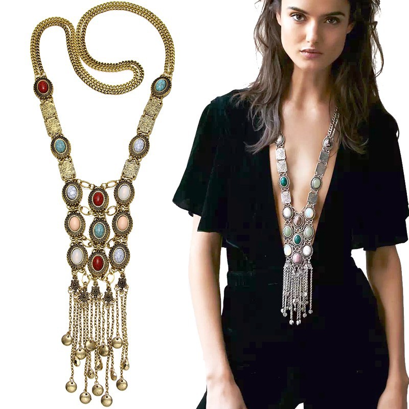 Vintage Bohemian Colorful Turquoise Stone Long Tassel Necklaces for Women Boho Costume Jewelry