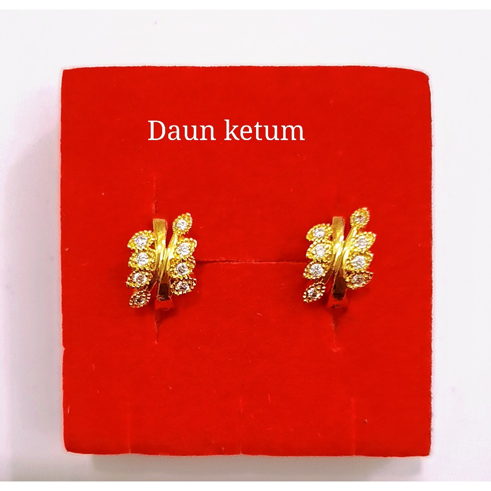 subang Daun ketum batu EMAS BANGKOK JEWELRY EARRING FREE COP GOLD PLATED