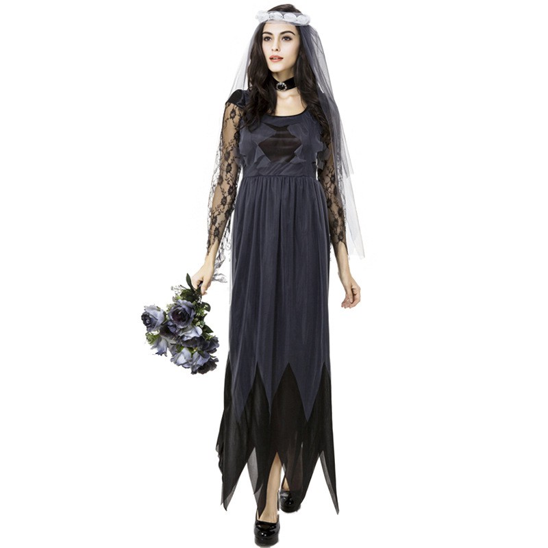 Adult Lace Edged Gauze Ghost Bridal Dress Halloween Cosplay Dress
