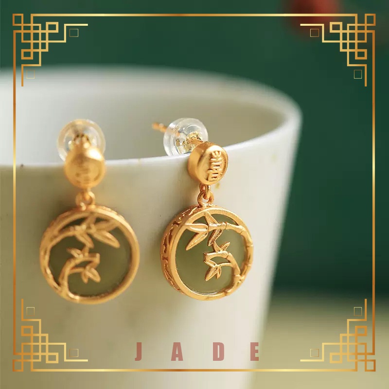 [Lucky Jade] S925 Sterling Silver Bamboo Emerald Trendy Niche Advanced Peace Buckle Girls Stud Earrings