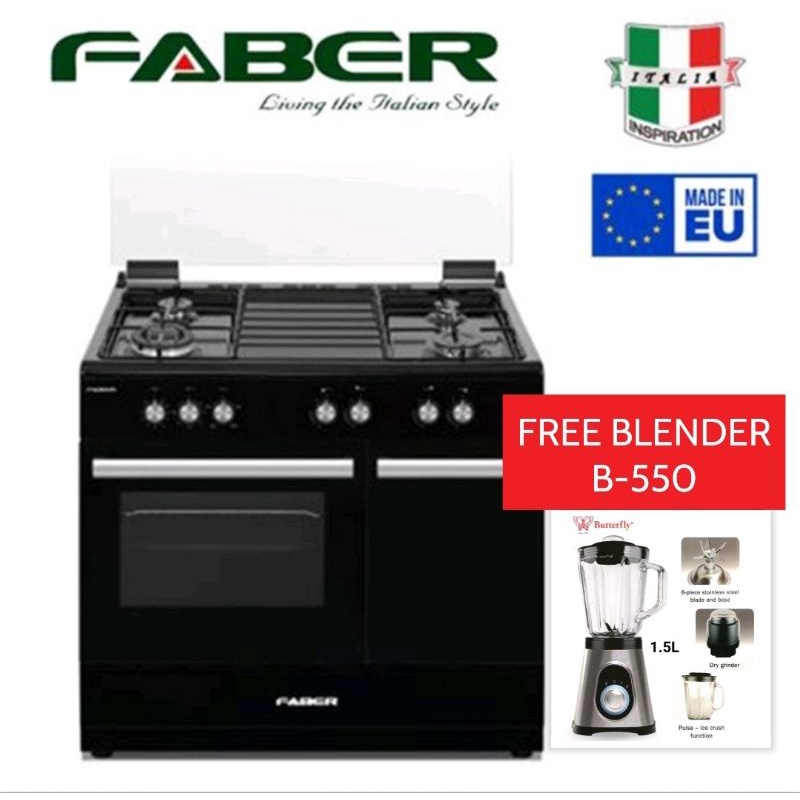 (FREE BLENDER B-550)Faber Free Standing Cooker FISSO 9840G/BK Gas Oven with 4 burner - Shiny black