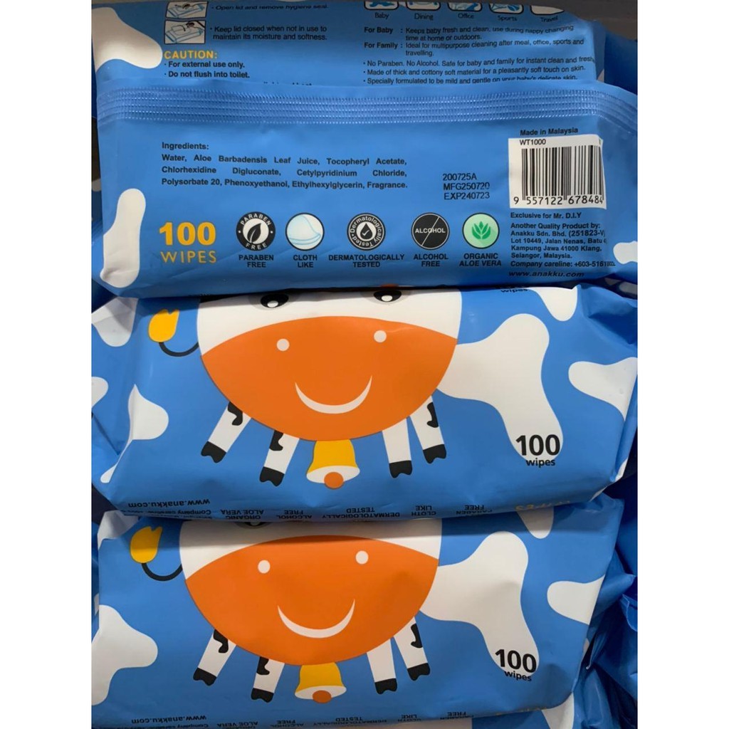 Ready Stock 3packs X 100s Anakku Baby Wet Wipes Pure Water With Top