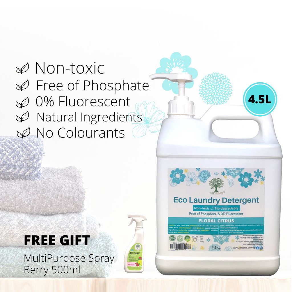 THREELAB Eco Liquid Laundry Detergent 4.5kg Free of Phosphate And
