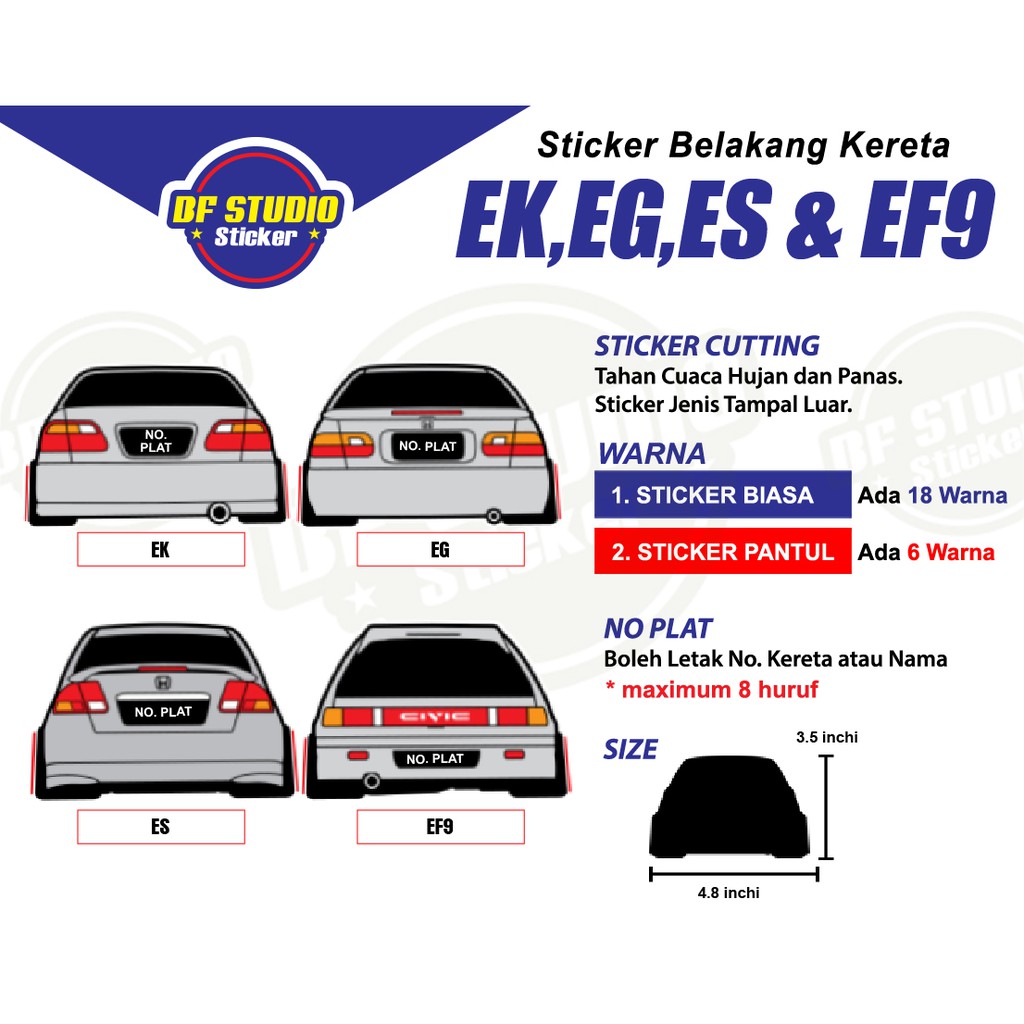 Sticker Belakang Kereta Honda EK, EG, ES u0026 EF9, 1 Pcs, Boleh Tukar 