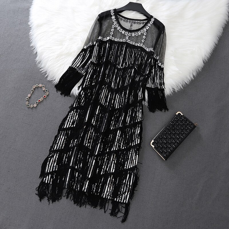 New Female O-neck Stars Sequined Mesh Shiny Fairy Dress Women Elegant Bling Gauze Princess Tassel Dresses vestidos De Fiesta 3/4