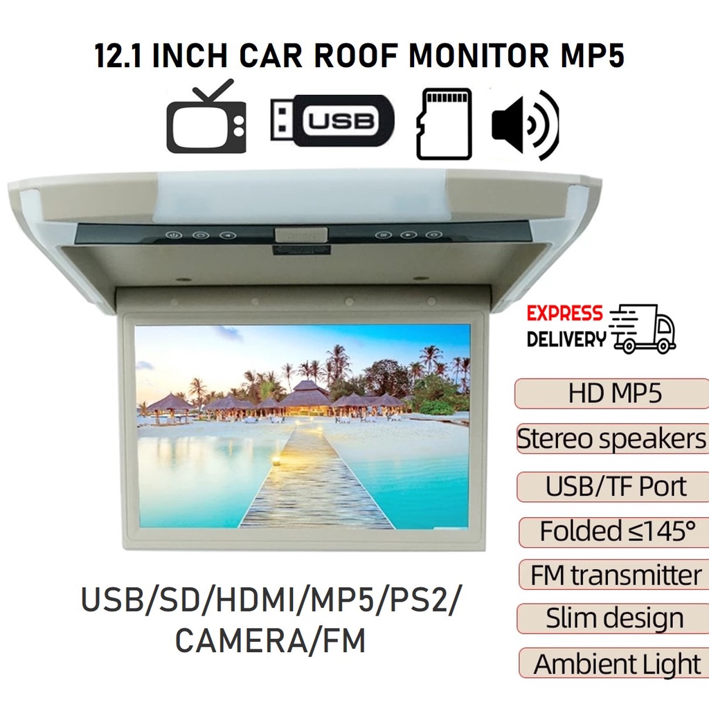 12.1" Car Roof Mount Monitor BEIGE Overhead HDMI TV USB/SD Mp5 car Roof Mount flip down TFT LCD