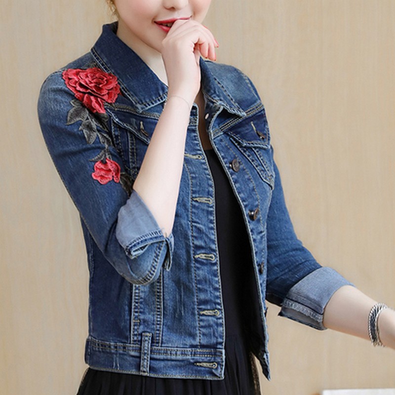 Embroidery Basic Coats Denim Jacket Floral Long Sleeve Female