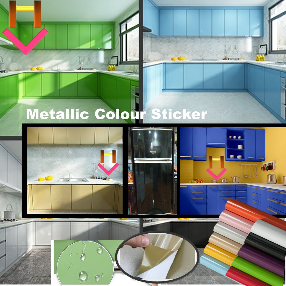 60cm x min. 2m Metallic Colour Wallpaper / Furniture Sticker/ 橱柜翻新贴纸 Waterproof Vinyl Cupboard Wallpaper Cabinet Sticker