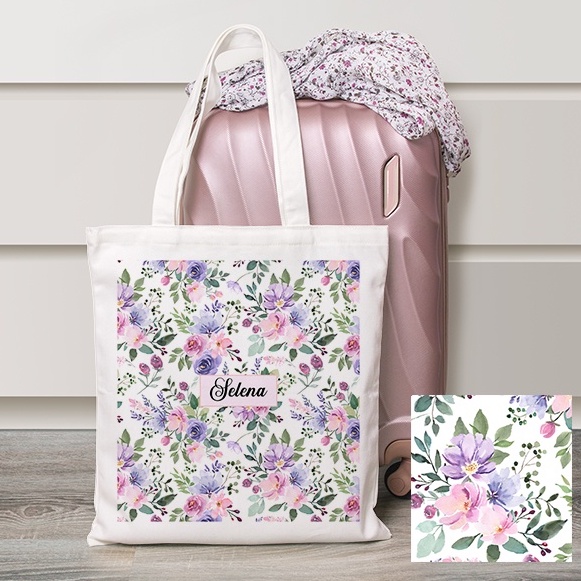 Purple floral Tote Bag Personalised With Name/text, happy birthday, friendship, love, cat, harijadi, kucing, friendship