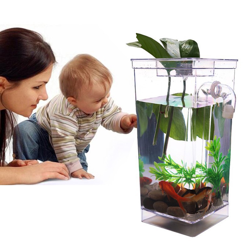 1pcs Plastic Mini Round Square Betta Fish Tank With Stone Grass