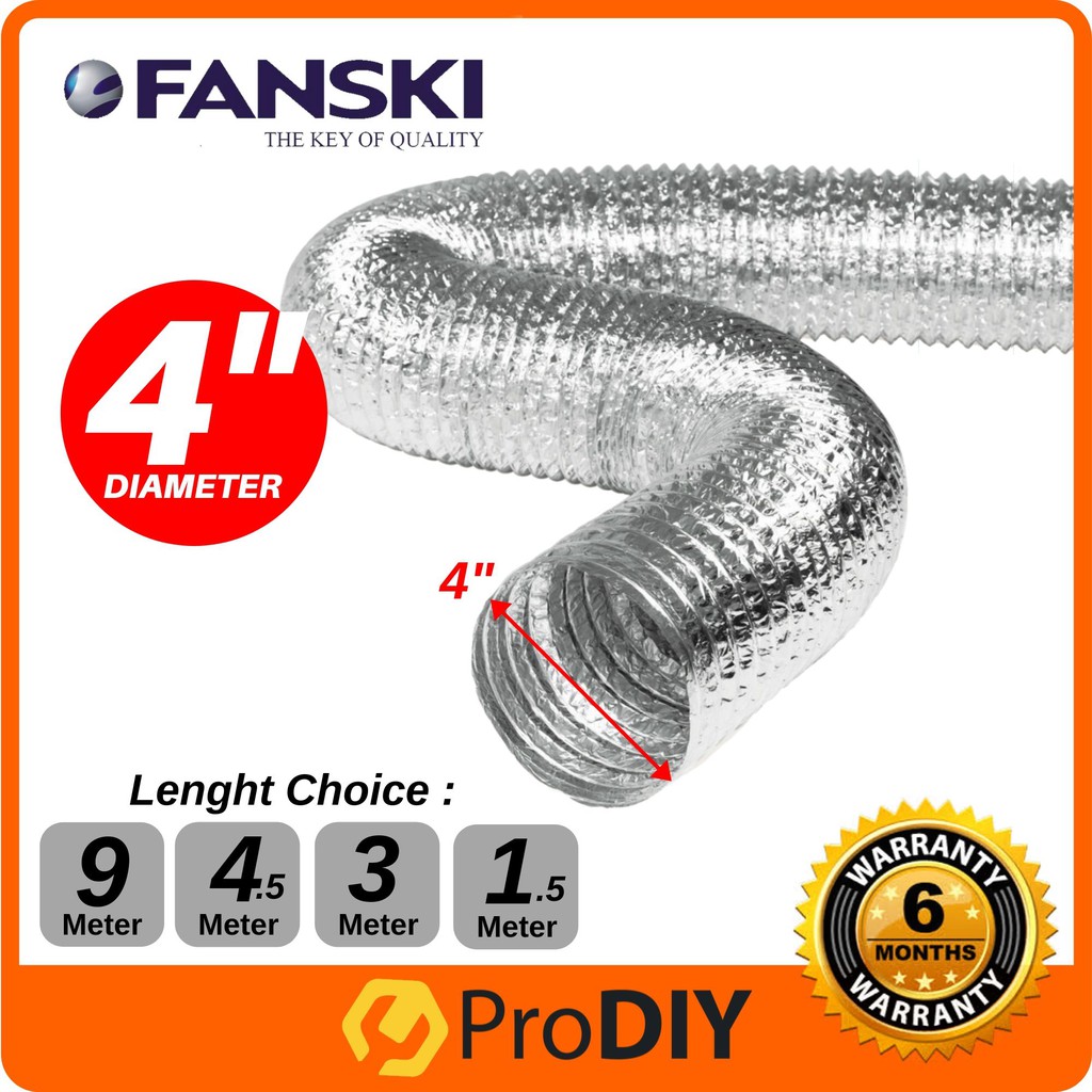 FANSKI 4" X 1.5M/3M/4.5M/9M Double Layer Aluminium Ducting Hose