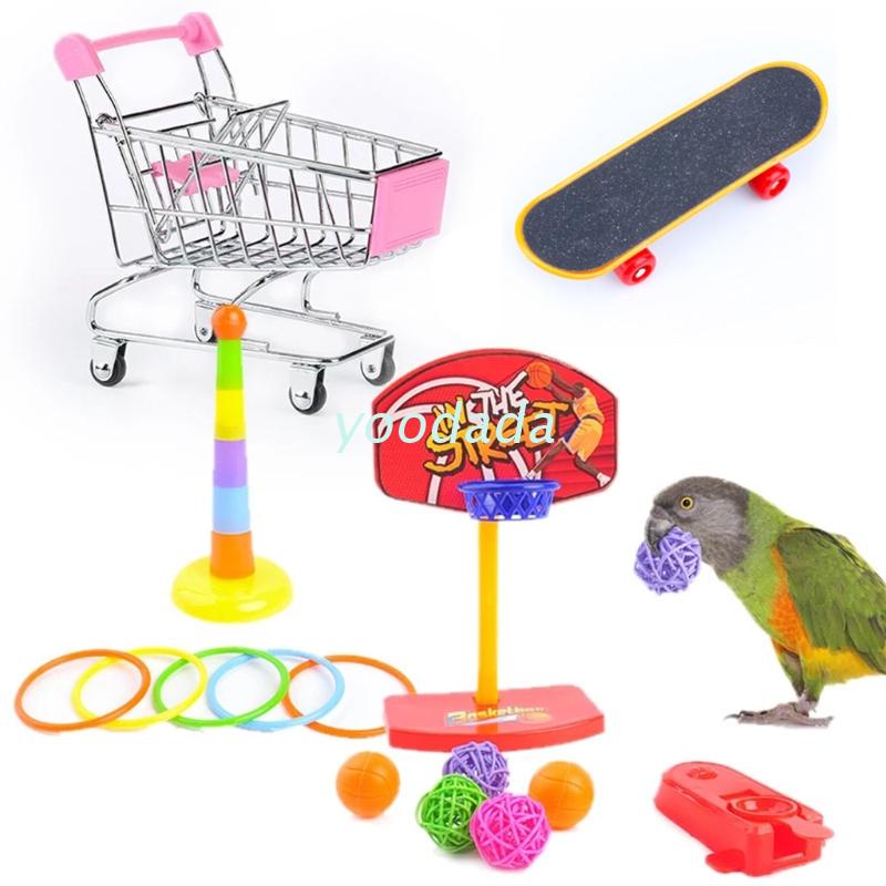 yoo Bird Toys 4 Types Parrot Toy Set Include Basketball Toy Skateboard Stacking Toy Metal Trolley Toy Ball Bouncer Toy