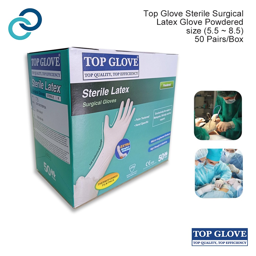 Top Glove Surgical Latex Glove Powdered Size 6.0~8.5 (50 Pairs/Box) Ready Stock Natural Latex Surgical Glove 顶级手套医用手套