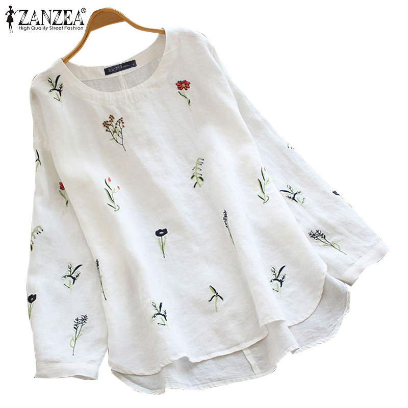ZANZEA Women Embroidery Vintage O Neck Casual Long Sleeve Cotton Blouse