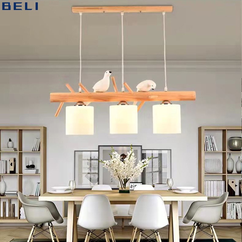 Wooden Dinning Table Pendant Lamp Resin Birds Glass Lampshade Led Chandelier for Dinning Room Bar