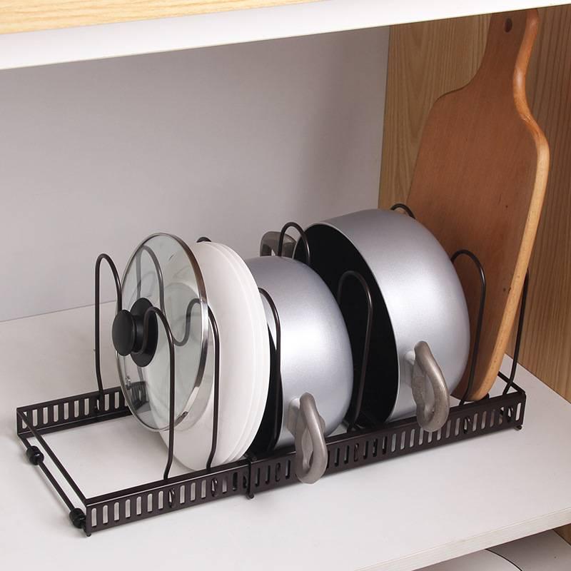 Expandable Kitchen Pans Rack Lid Stand  Adjustable Compartments Pots and Pans Organizer