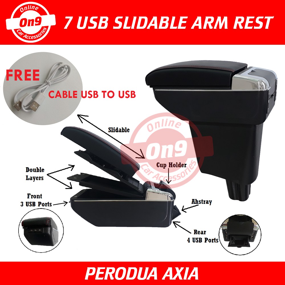 Perodua Axia 2014 2015 2016 2017 2018 2019 2020 2021 7 USB Arm Rest Slidable with Cup Holder