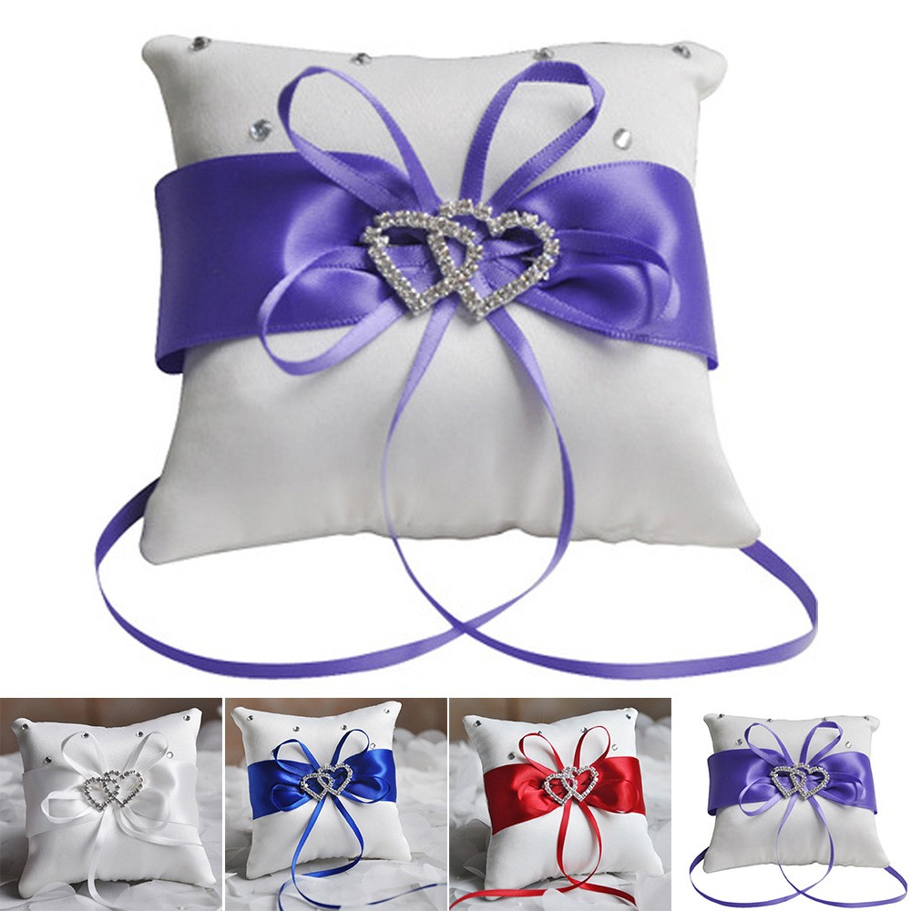 Double Heart With Diamond Engagement Wedding Ring Pillow Cushion