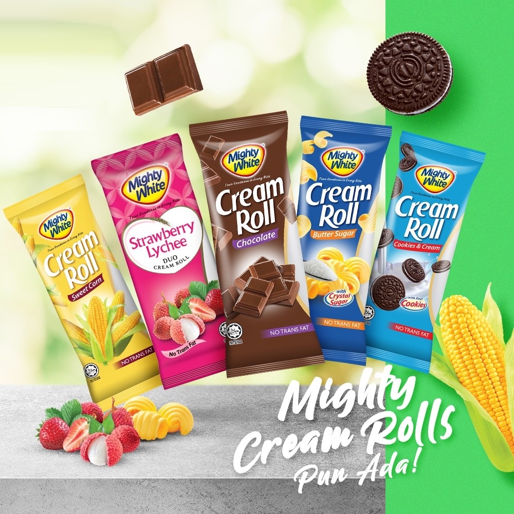 Mighty White Chocolate Strawberry Lychee Sweet Corn Cookies Cream Butter Sugar Cream Roll 50g Shopee Malaysia