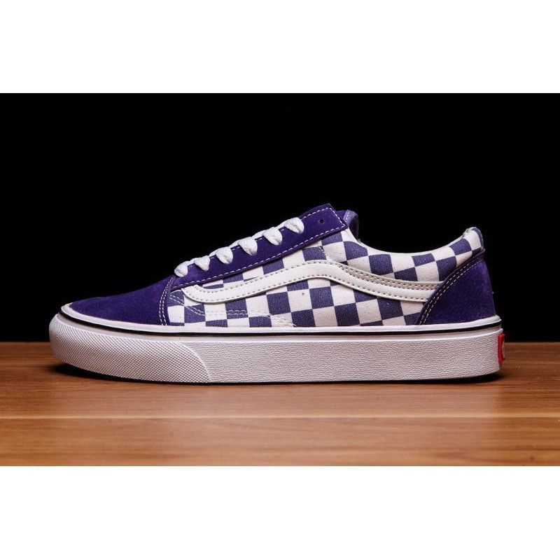 purple and white checkered vans