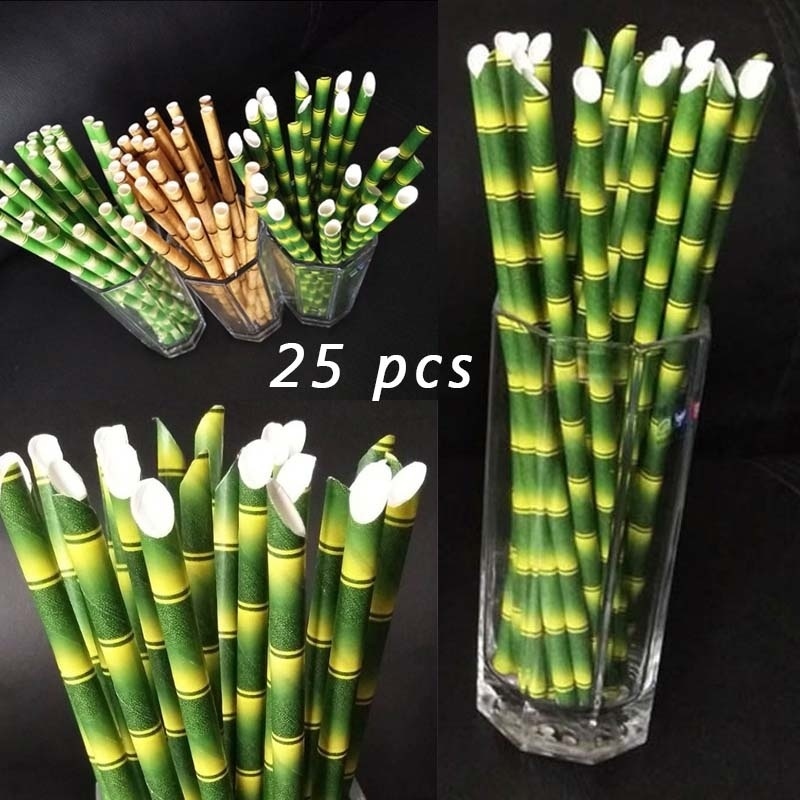 25pcs Multicolor Flat Sharp Mouth Bamboo Paper Straws Environmental Environmental Biodegradable