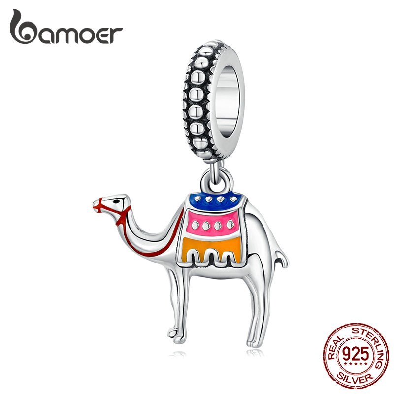 BAMOER Sterling Silver 925 Desert Camel Pendant Charm Enamel Animal Charm fit 3mm Snake Bracelet Fashion Jewelry SCC1376