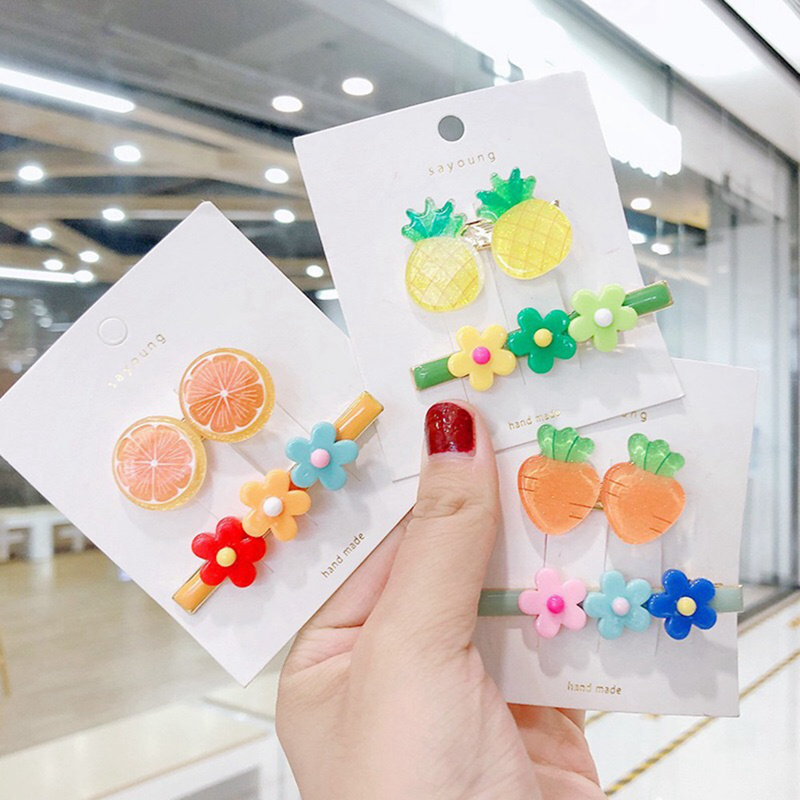 2 Pcs Set Jepit  Rambut  Korean Design Color Flower Fruit 