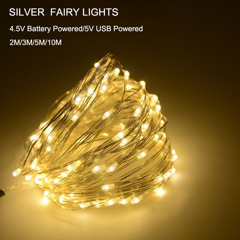 Fairy lamp 2m 5m 10 usb battery powered silver wire copper wire lamp led string garland family memorial day christmas wedding party new year christmas decoration