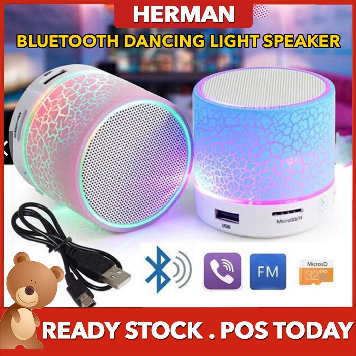 READY STOCK HERMAN Colorful LED Light Mini Portable Bluetooth Speaker Support USB/ AUX/ TF Card