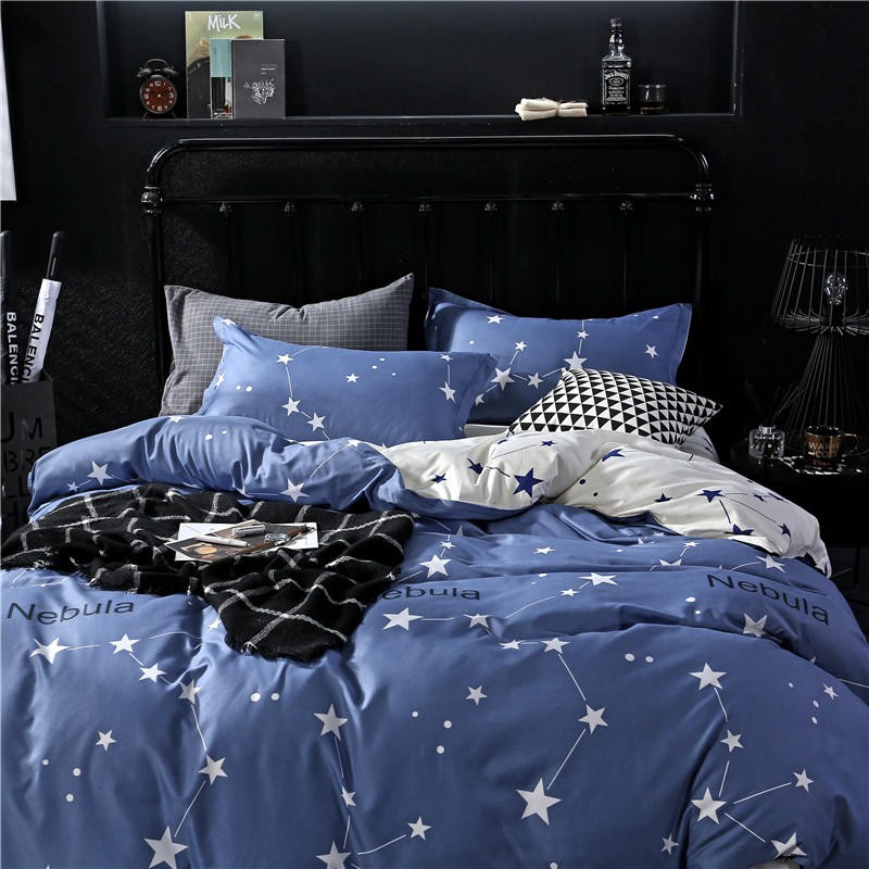 4 In 1 Bed Set Black Color Star Pattern, Solid Black Queen Size Bed Set