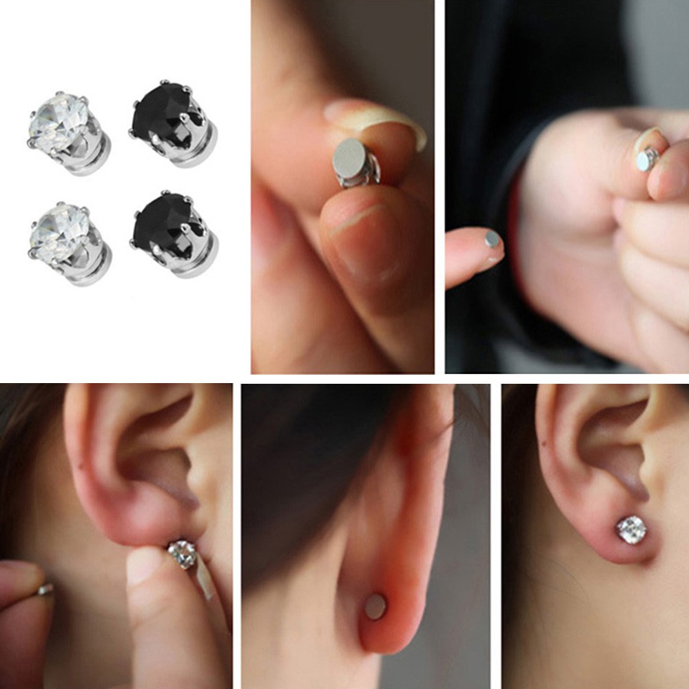 Magnetic Fake Plug Earrings - No Piercing Required - Stainless Steel, Black/Silver, Double-Sided