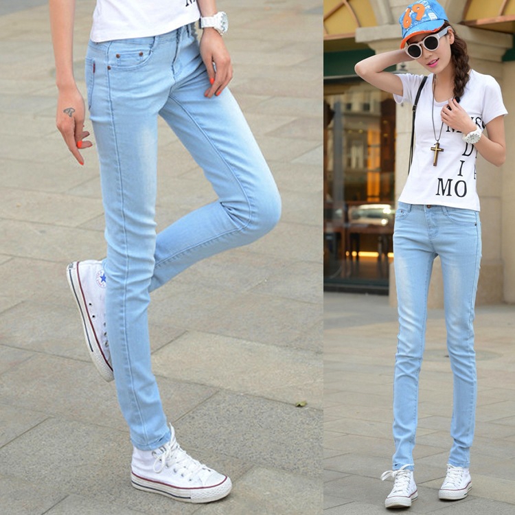 Women Light Blue High Waist Denim Jeans Fashion Slim Stretch Pencil Jeans Shopee Malaysia