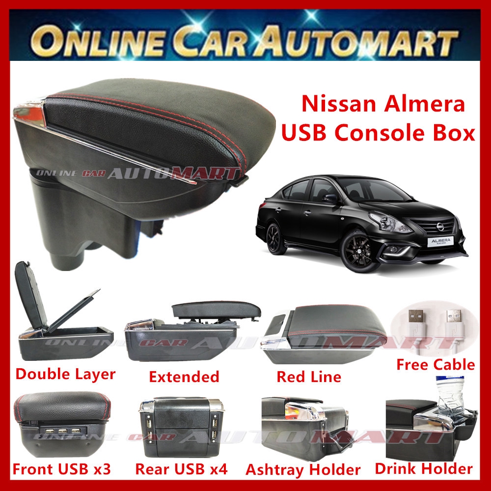 Nissan Almera 7 USB Charger Port PVC Adjustable Arm Rest/Armrest Center Console Box (Red Line)