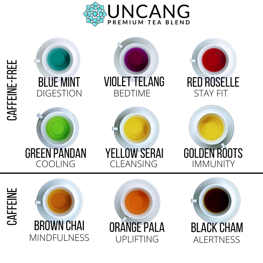 UNCANG Tea (10 Sachets per pack) Caffeine and Caffeine Free lemongrass peppermin blue turmeric ginger chai masala nutmeg