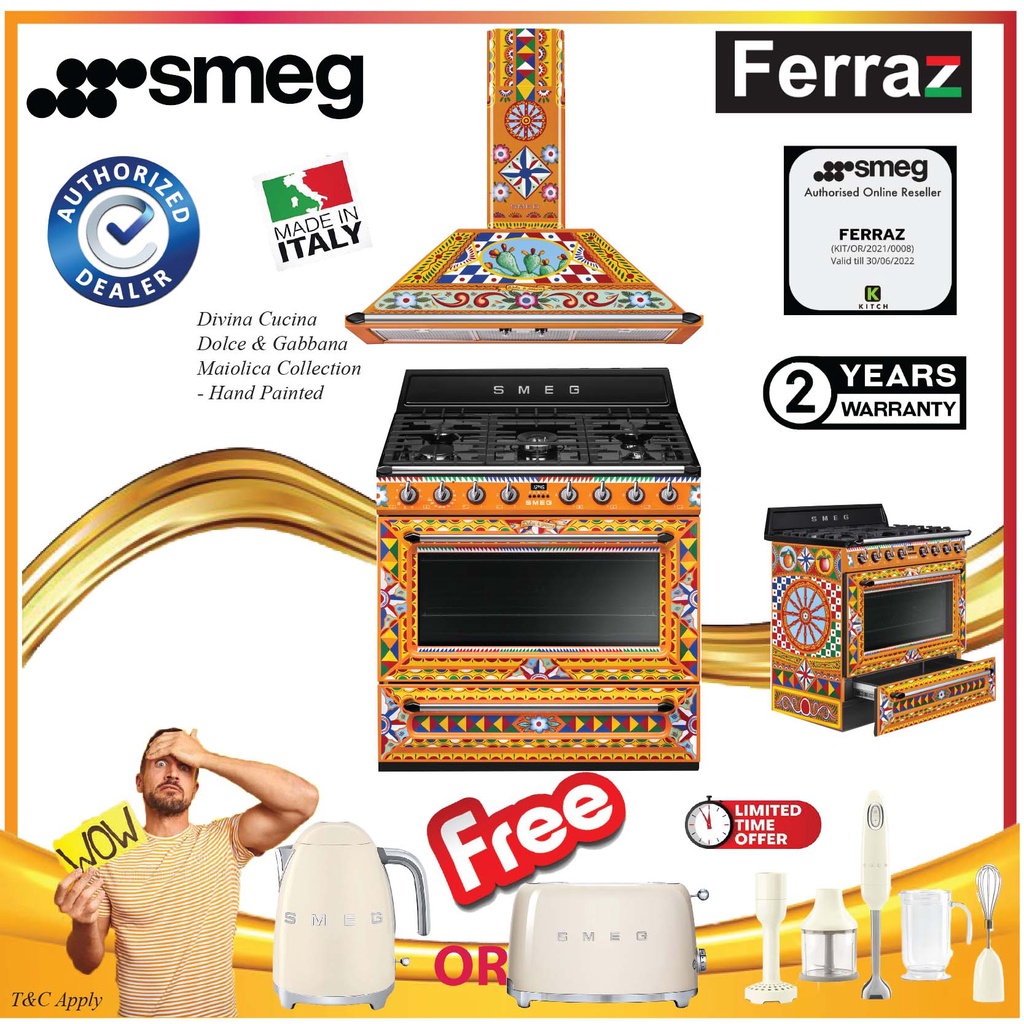 (Pre Order) Smeg - TR90DGC9 - Divina Cucina Dolce & Gabbana Sicilian Collection - Hand Painted Chimney Gas Hob + Oven