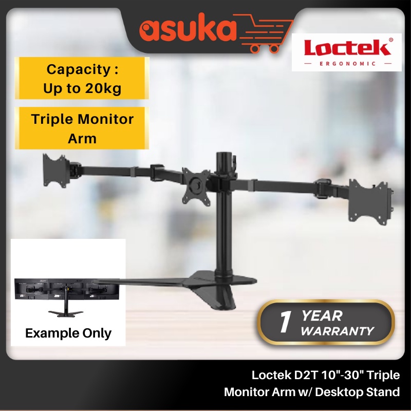 Loctek D2T 10"-30" Triple Monitor Arm w/ Desktop Stand - Up to 20KG