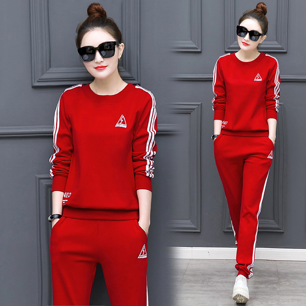 2pcs Individual Set Pakaian Kasual Wanita Pakai Baju Olahraga Lady Lengan Panjang Longgar Baju Olahraga Atasan dan Seluar # Y920