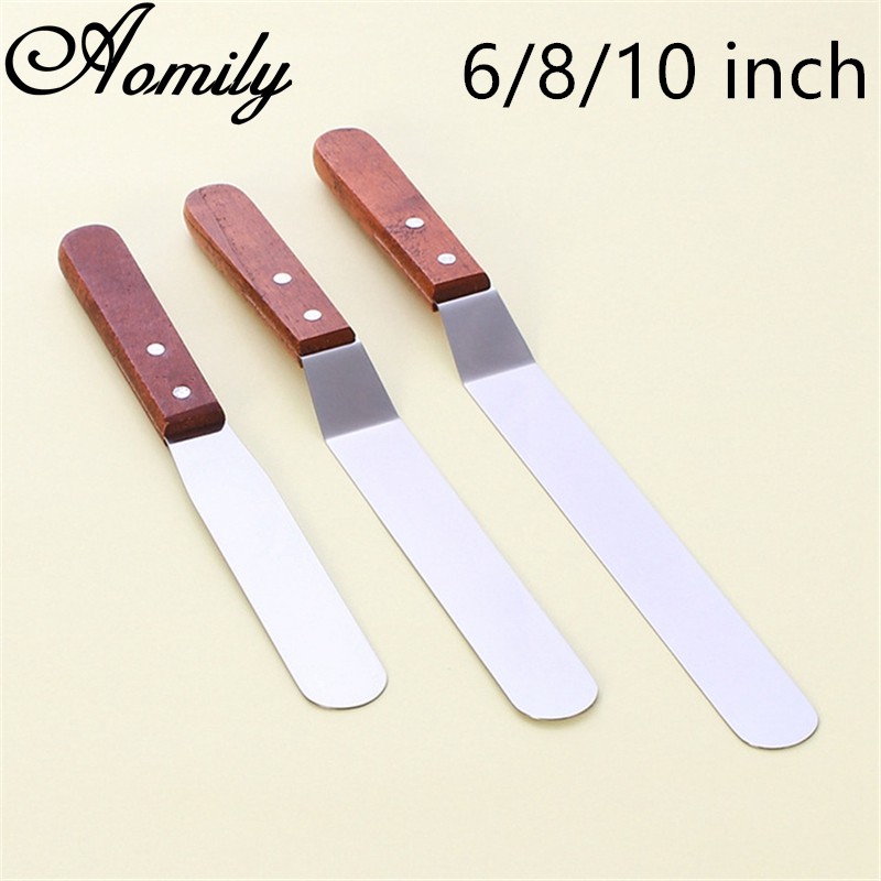 6/8/10 Inch Stainless Steel Cake Spatula Butter Cream Icing Wooden