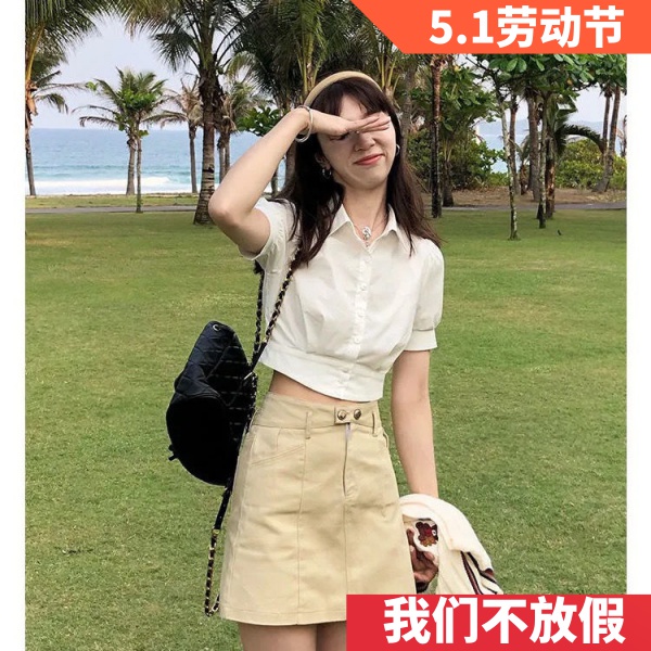 2021 new college style retro puff sleeves age-reducing high-waisted slim short white short-sleeved all-match shirt women