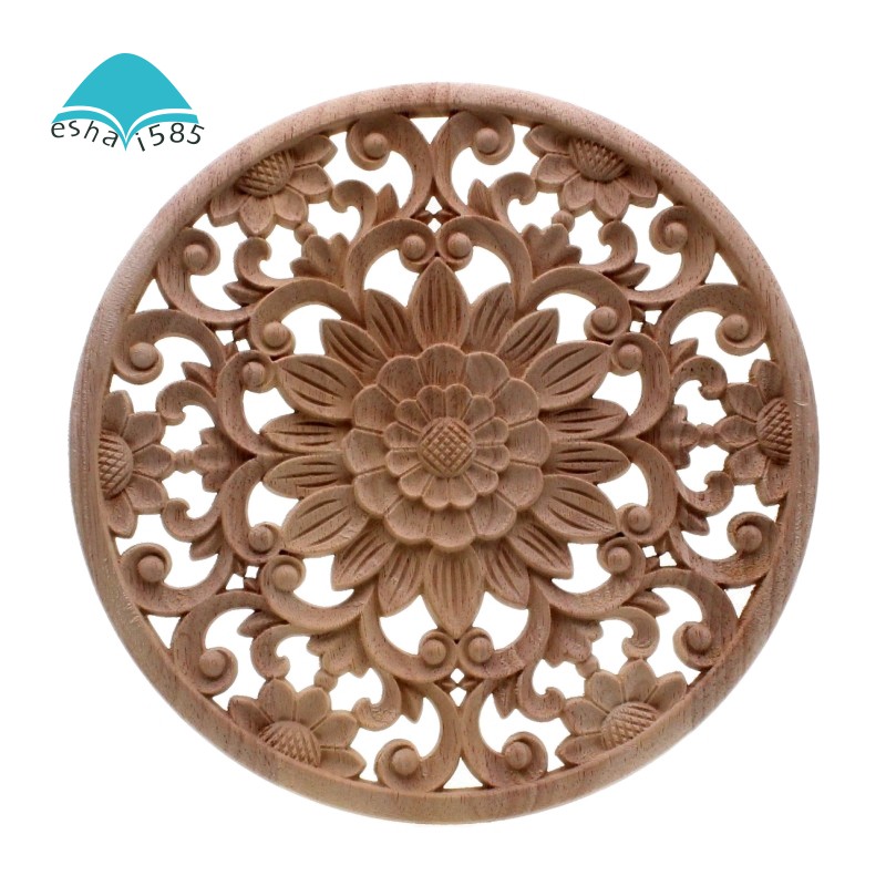 Carved Flower Carving Round Wood Appliques For Furniture Cabinet