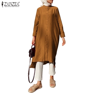 Image of ZANZEA Women Collar Solid Color Loose Long Sleeve Muslim Long Dress