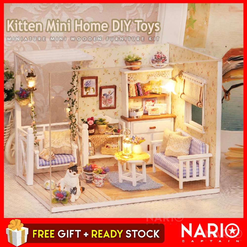 NARIO [ CLEAR STOCK ] Diy Kitten Cat Dollhouse Miniature Mini Kayu