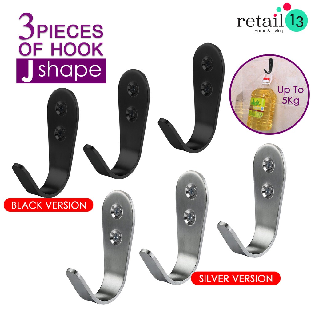 3 Pieces Heavy Duty J Shape Wall Hook Stainless Steel - RETAIL13 ...