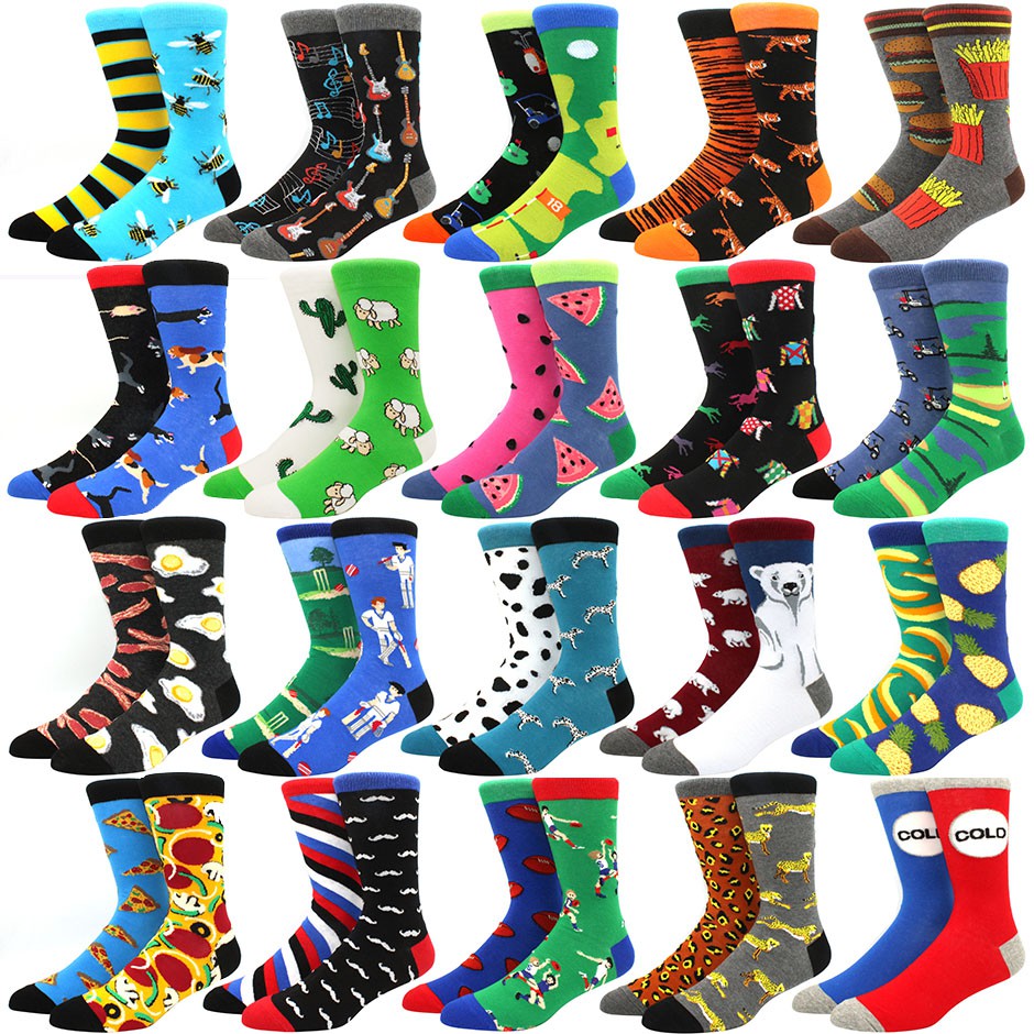 Men Socks Cotton Casual Personality Design Animal fruit Happy left and right Different Socks Gifts for Men