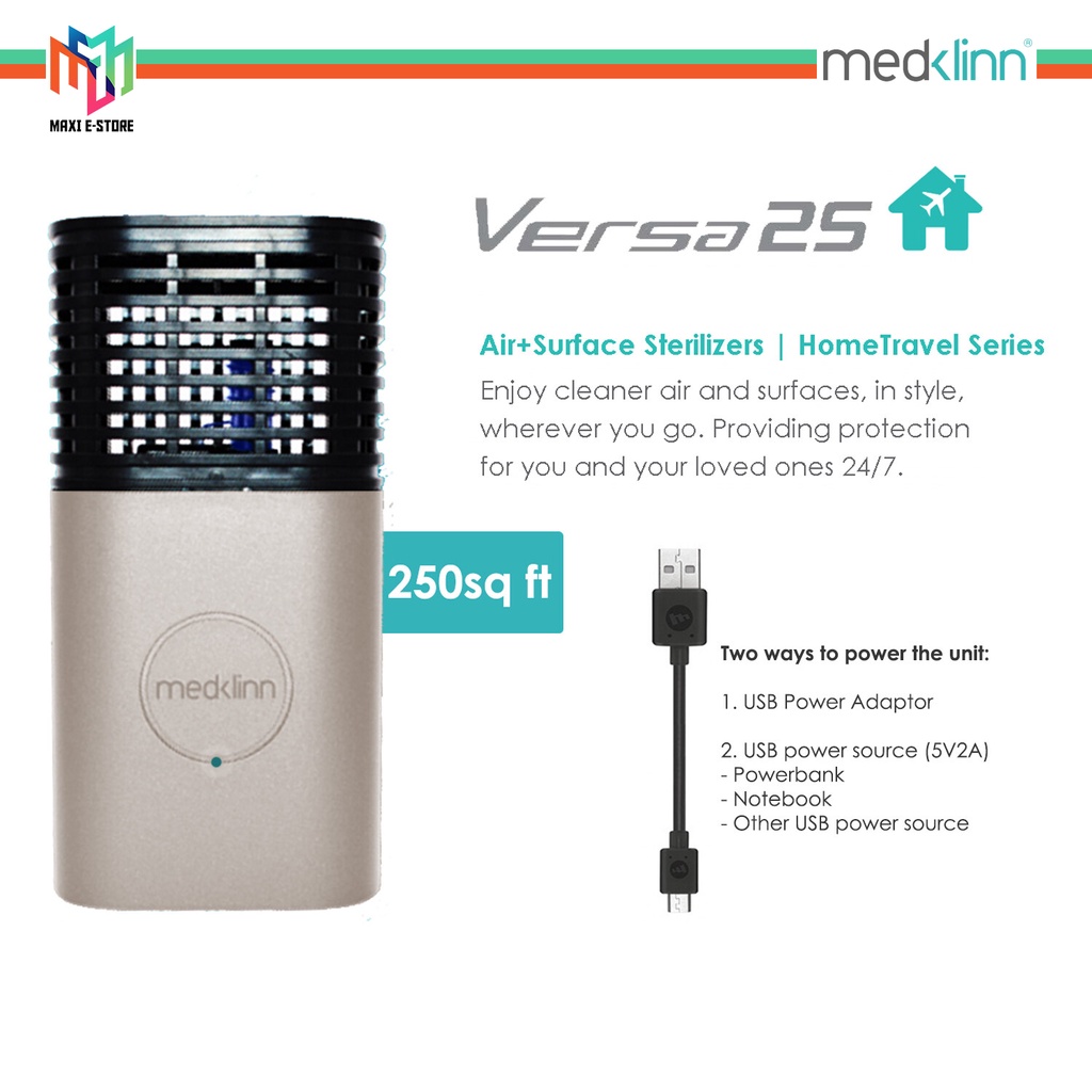 Medklinn VERSA 25 HomeTravel Series Portable Air + Surface Sterilizer 250sqft, Portable & Powered by USB - VERSA25