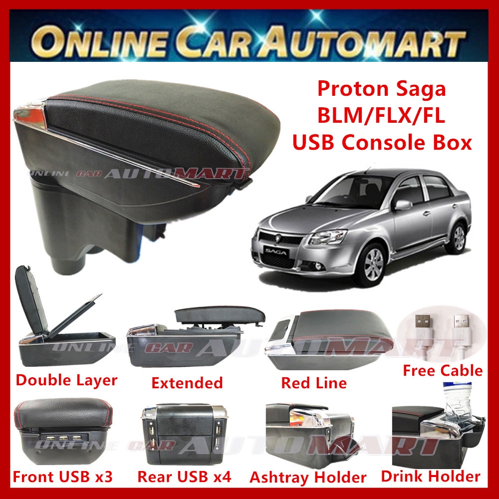 Proton Saga BLM/FLX/FL 7 USB Charger Port PVC Adjustable Arm Rest/Armrest Center Console Box (Red Line)
