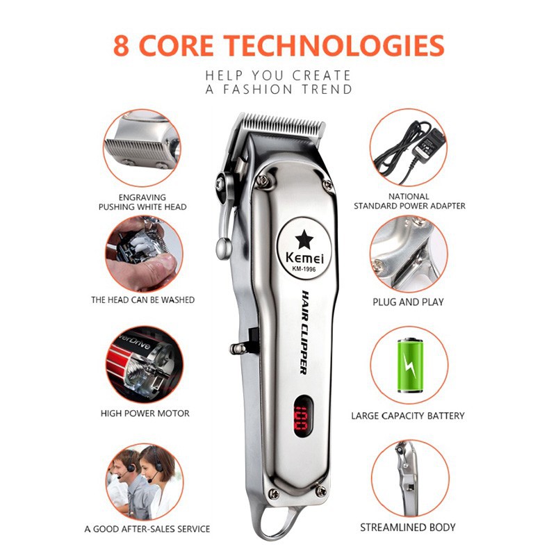 Kemei KM-1996 Barber Shop Rechargeable Hair Clipper All Metal Electric Hair Trimmer Men Professional Beard Trimmer Haircut Machine