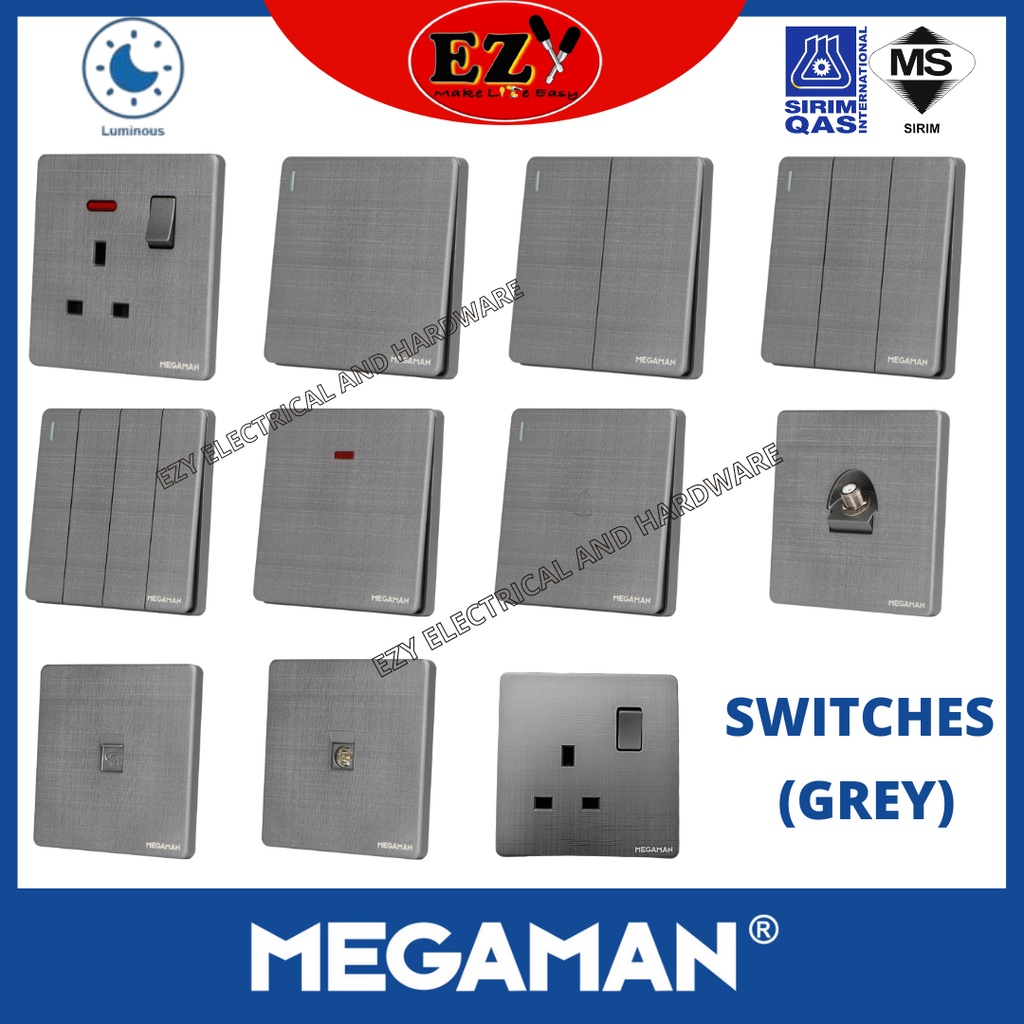 MEGAMAN SWITCHES & SOCKET OUTLET (MEGAMAN GREY) SLIM MODERN DESIGN/BIG BUTTON SWITCHES Shopee