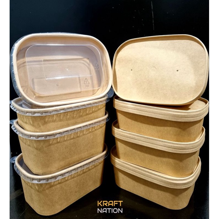 [Premium] 580/650/750/1000ml Kraft Paper Rectangular Lunch Box with Paper Lid / PET Clear Lid